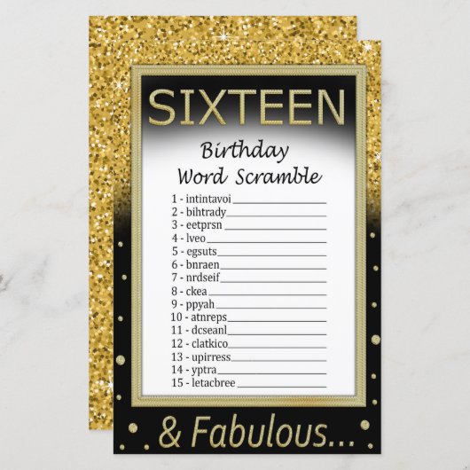 Sechzehn Geburtstage Word Scramble Game (Vorne/Hinten)