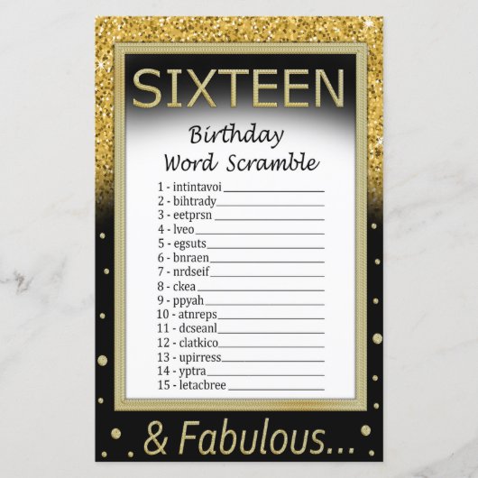 Sechzehn Geburtstage Word Scramble Game (Vorderseite)