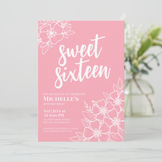 Sechzehn rosa Elegant Sweet 16 Party Einladung (Stehend Vorderseite)
