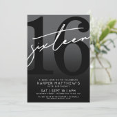 Sechzehn Schwarz 16. Geburtstag Einladung (Stehend Vorderseite)