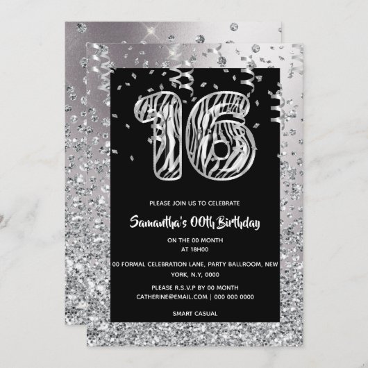 Sechzehnte schwarze Zebrastreifen-Glitzer-Mädchen Einladung (Vorne/Hinten)