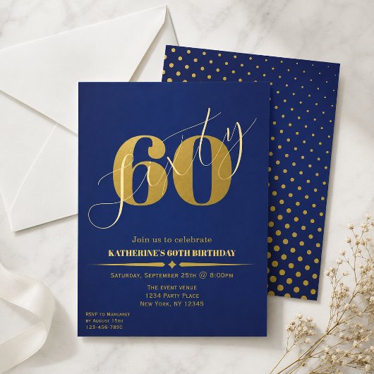 Sechzig Elegante Blau & Gold 60. Geburtstagseinlad