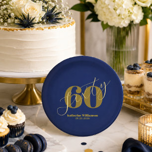 Sechzig Elegante Blau & Gold 60. Geburtstagseinlad Pappteller
