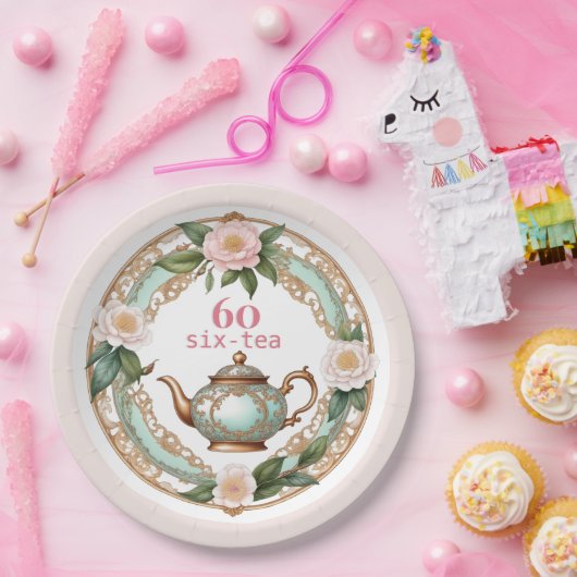 Sechzig elegante Blume Hübsch Teapot 60. Geburtsta Pappteller (Party)