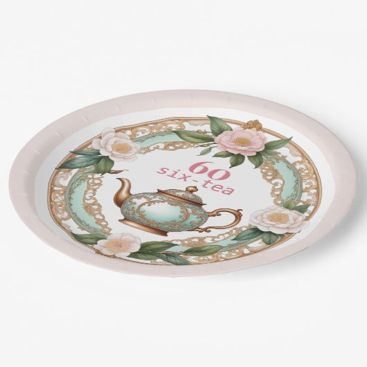 Sechzig elegante Blume Hübsch Teapot 60. Geburtsta Pappteller (Schrägansicht)