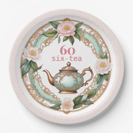 Sechzig elegante Blume Hübsch Teapot 60. Geburtsta Pappteller (Vorderseite)