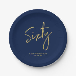 sechzig   Gold & Navy Blue Lettering 60. Geburtsta Pappteller