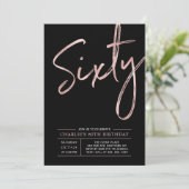 sechzig | Rose Gold & Black 60. Geburtstagsparty Einladung (Stehend Vorderseite)