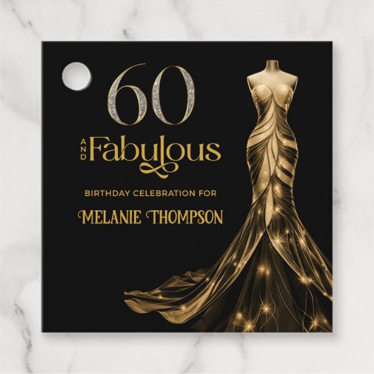 Sechzig und Fabelhaft Goldenes Kleid Schwarzer 60. Geschenkanhänger (Vorderseite)