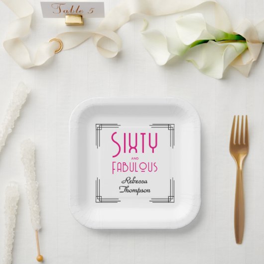 Sechzig und Fabelhaft Hot Pink Art Deco 60. Geburt Pappteller (Hochzeit)
