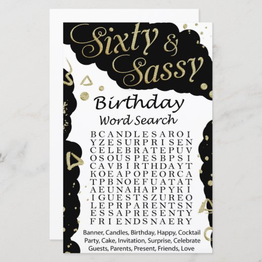 Sechzig und Sassy Birthday Wortsuche (Vorne/Hinten)
