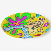 Sechziger-Blumen-Kind und Friedenszeichen-helle Pappteller (Schrägansicht)