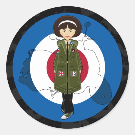 Sechzigeres Mod Girl in Parka mit Scooter-Aufklebe Runder Aufkleber (Vorderseite)