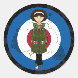Sechzigeres Mod Girl in Parka mit Scooter-Aufklebe Runder Aufkleber