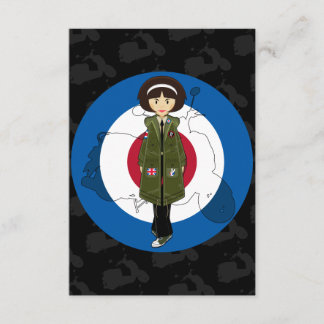 Sechzigeres Mod Girl in Parka mit Scooter-RSVP-Kar RSVP Karte