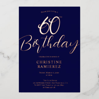 Sechzigster Geburtstag Navy Blau Rose Gold Foto Folieneinladung