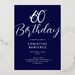 Sechzigster Geburtstag Navy Blau Silber Foto Folieneinladung