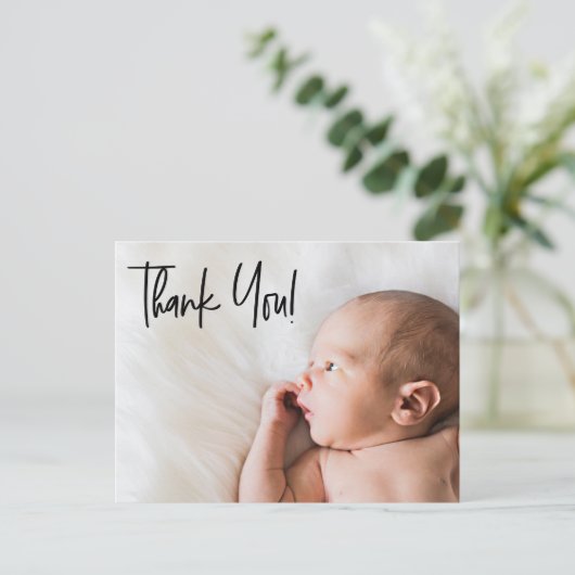 Second Baby Custom Foto danke Script Birth Ankündigungspostkarte (Stehend Vorderseite)