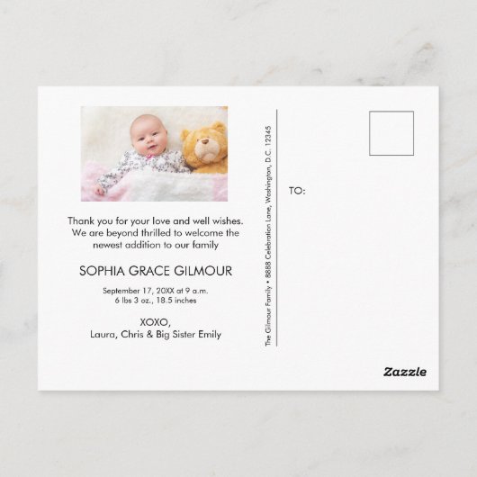 Second Baby Girl Foto Babydusche Vielen Dank Postkarte (Rückseite)