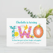 Second Birthday Invite Girl, Fun Spring Birthday Einladung (Stehend Vorderseite)