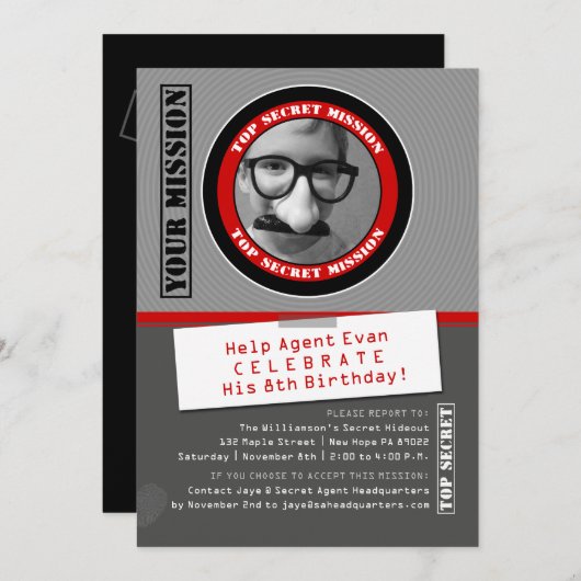 Secret Agent Custom Foto Geburtstag Einladung (Vorne/Hinten)
