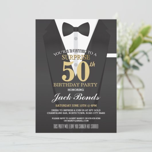SECRET AGENT SPY BOW KRAWATTE ÜBERRASCHENDE BIRTHT EINLADUNG (Stehend Vorderseite)