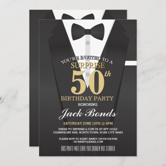 SECRET AGENT SPY BOW KRAWATTE ÜBERRASCHENDE BIRTHT EINLADUNG (Vorne/Hinten)
