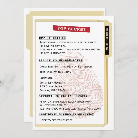 Secret Agent Spy Mission File Birthday Party Einladung (Vorne/Hinten)