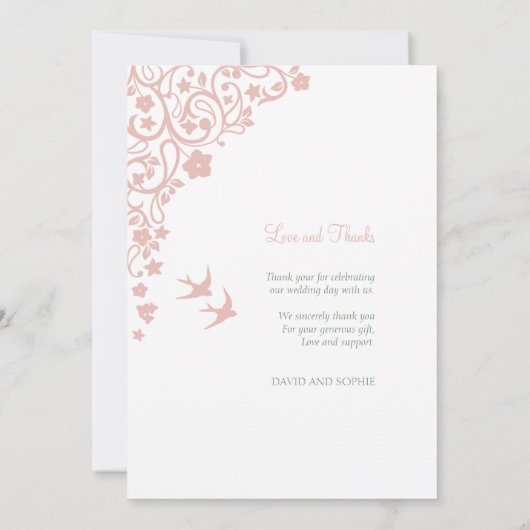 Secret Garden Blush Bloral Lovebirds Hochzeit Dankeskarte (Rückseite)