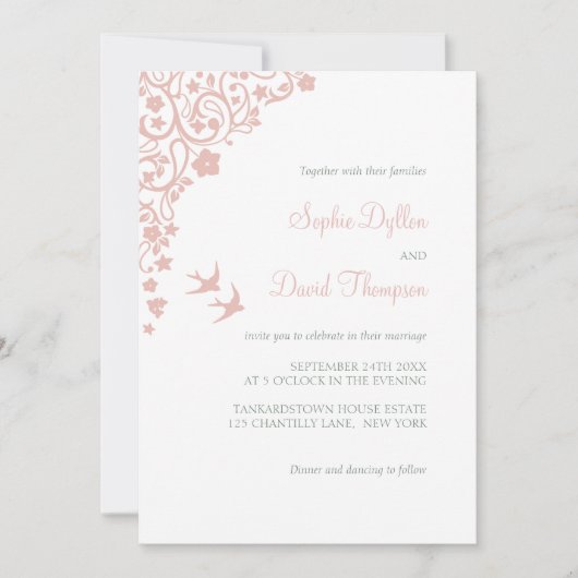 Secret Garden Blush Pink Blumenwald Vögel Einladung (Vorderseite)