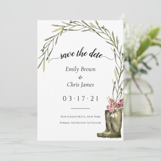 Secret Garden Foliage | Coupleboots Rustikale Hoch Save The Date (Stehend Vorderseite)