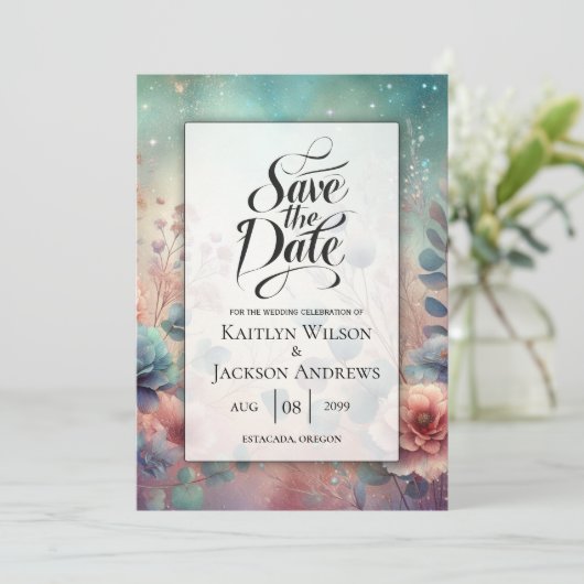Secret Garden in Abend Glow Wedding Save The Date (Stehend Vorderseite)