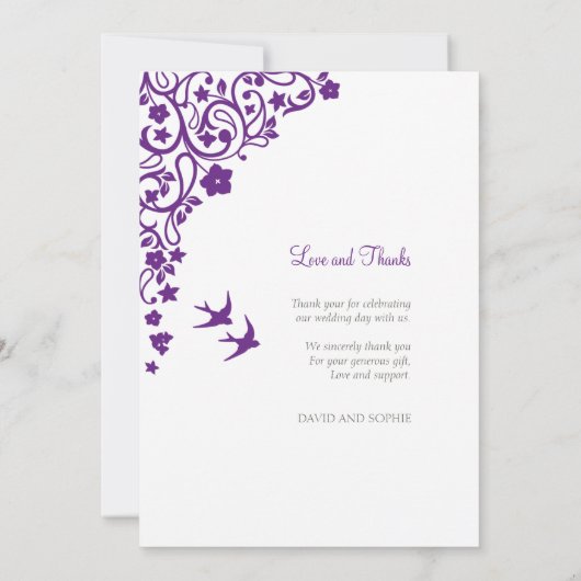 Secret Garden Lila Blumenvögel Foto Hochzeit Dankeskarte (Rückseite)