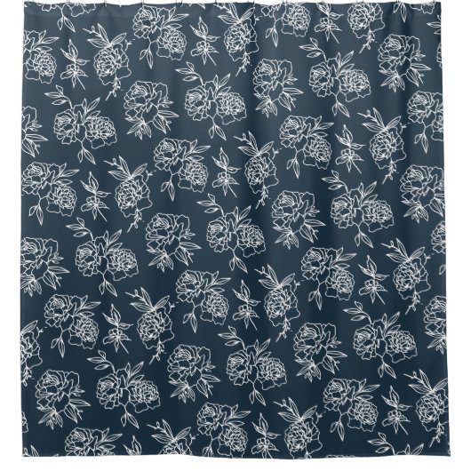 Secret Garden Navy & White Modern Blumenmuster Duschvorhang (Vorderseite)