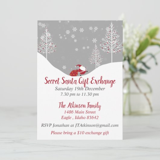 Secret Santa Christmas Geschenk Exchange Party Einladung (Stehend Vorderseite)