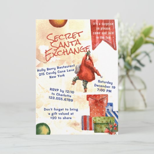 Secret Santa Christmas Party Moderne Wasserfarbe Einladung (Stehend Vorderseite)