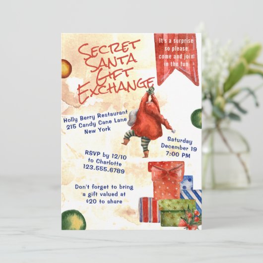 Secret Santa Christmas Party Moderne Wasserfarbe Einladung (Stehend Vorderseite)