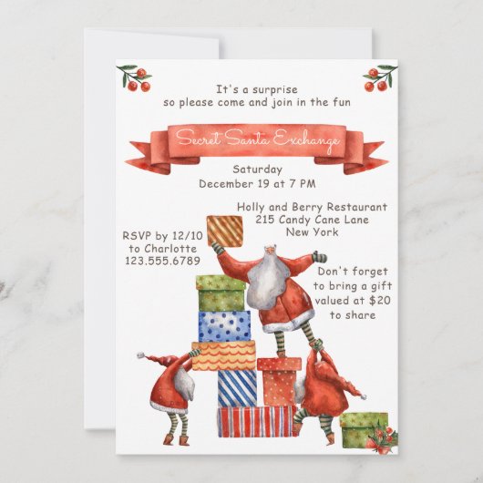 Secret Santa Christmas Party Moderne Wasserfarbe Einladung (Vorderseite)