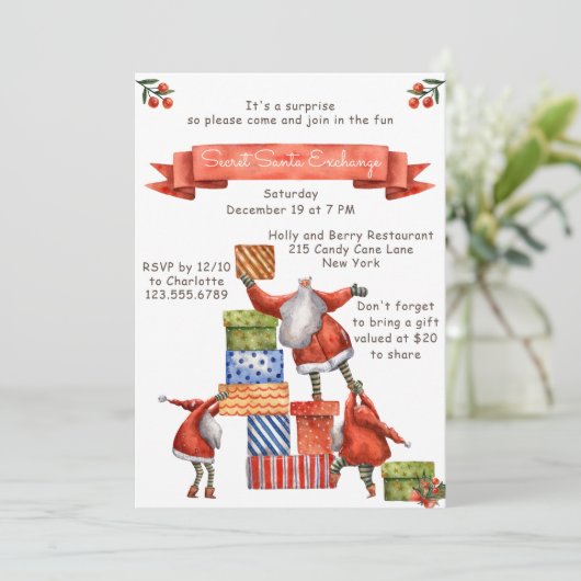 Secret Santa Christmas Party Moderne Wasserfarbe Einladung (Stehend Vorderseite)