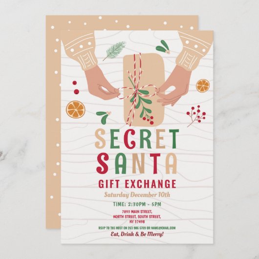 Secret Santa Gift Exchange Party Weihnachtsfamilie Einladung (Vorne/Hinten)
