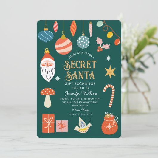 Secret Santa Gift Exchange Weihnachtsfeier Einladung (Stehend Vorderseite)
