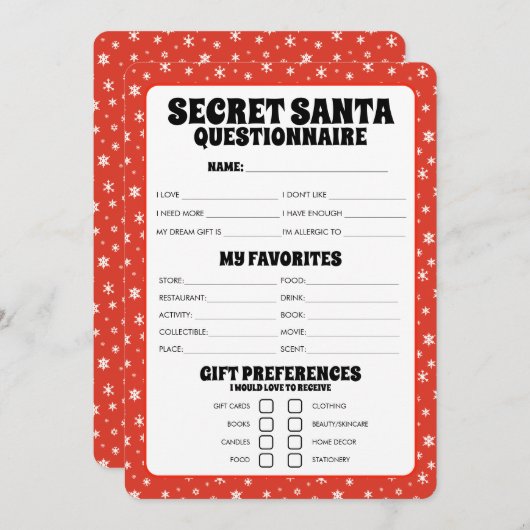Secret Santa Gift Questionnaire Feiertagskarte (Vorne/Hinten)