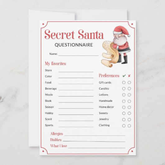 Secret Santa Questionnaire for Gift Exchange Card (Vorderseite)