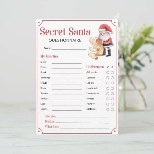 Secret Santa Questionnaire for Gift Exchange Card (Stehend Vorderseite)