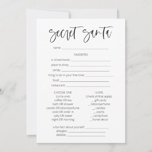 Secret Santa Questionnaire Weihnachtsspiele Spaß Einladung (Vorderseite)