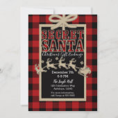 Secret Santa Rustic Holiday Red Kariert & Kraft Einladung (Vorderseite)