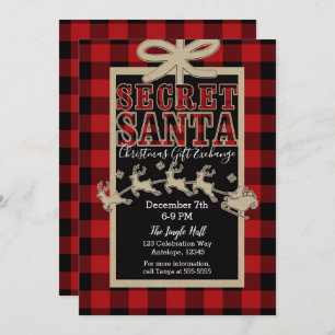Secret Santa Rustic Holiday Red Kariert & Kraft Einladung