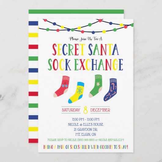 Secret Santa Sock Exchange Sock Swap Holiday Party Einladung (Vorne/Hinten)