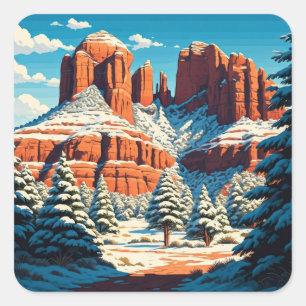 Sedona Arizona Reisen Rote Felsen Schnee Quadratischer Aufkleber