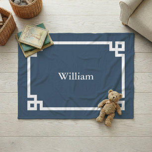 See-Blau und Weiß Griechischer Schlüssel Monogramm Fleecedecke